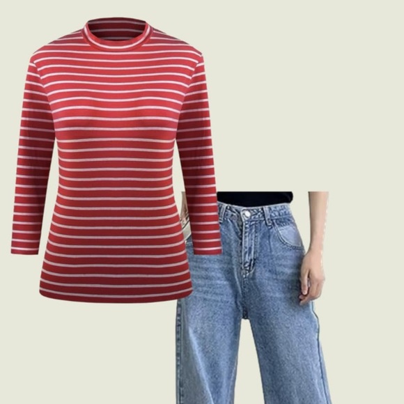LilyCoco Women's Mock Neck Tops Red White Striped Long Sleeve Shirt, L - Picture 2 of 9